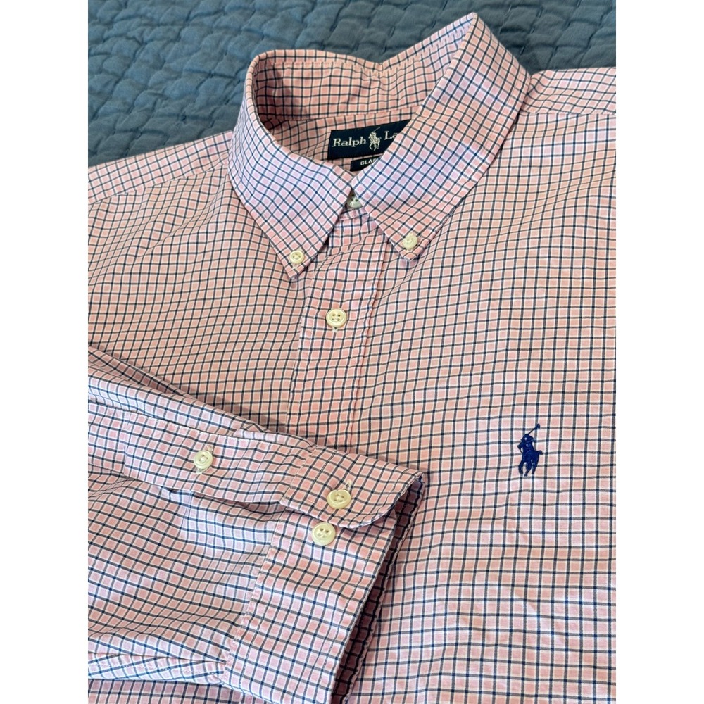 Ralph Lauren Classic Fit Button-Down Shirt Pink Blue Check Men's 17.5 32/33 Pony